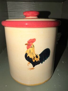Blue Sky Stoneware Rooster Canister Jar Hand Painted 6.5”